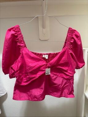 LOFT Hot Pink Puff Taffeta Puff Sleeve Sweetheart Top